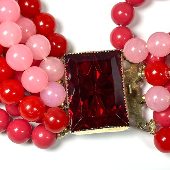 Hattie Carnegie Vintage Pink Red Glass Bead Statement Necklace 1950s Signed - Picture 6 of 8
